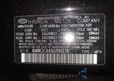 2020 Hyundai Kona Sel z USA, uszkodzony, nr VIN KM8K2CAA5LU593178